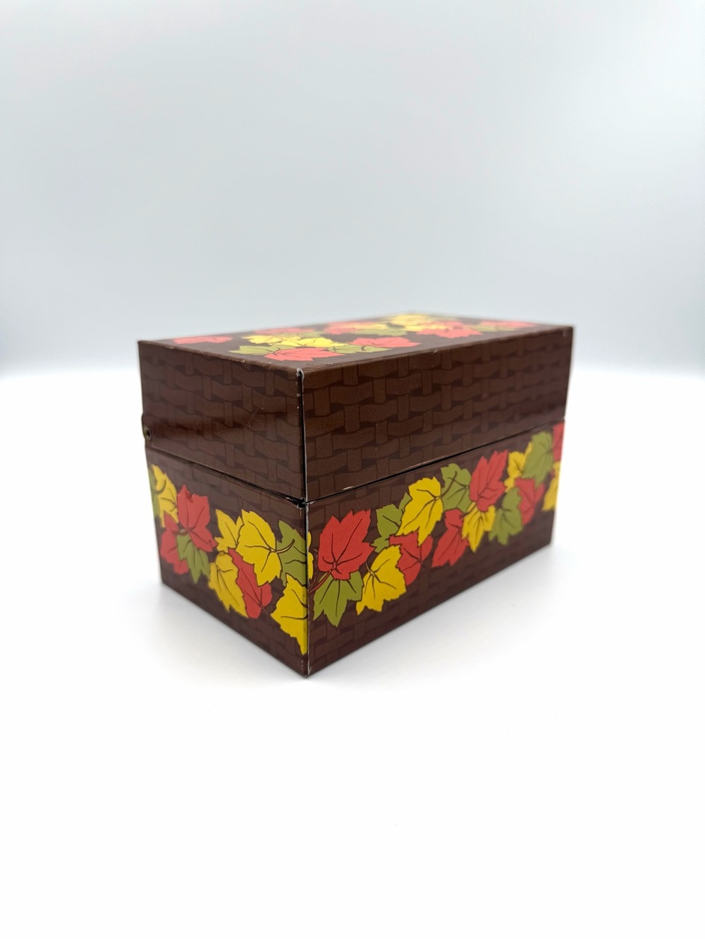 Vintage Syndicate Mfg Metal Recipe Box Fall Leaves Retro Kitchen